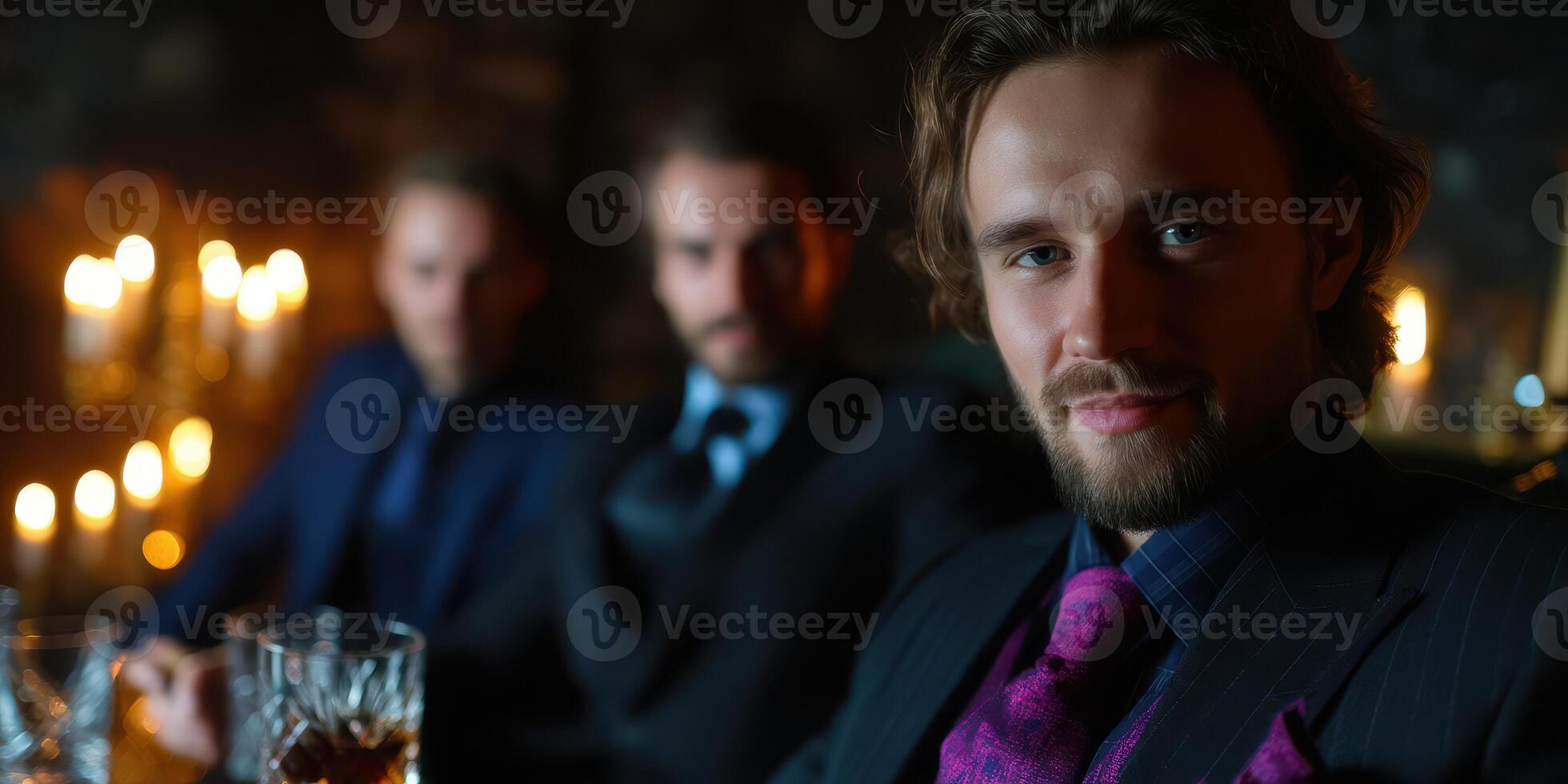 Men enjoying a sophisticated evening in a dimly lit lounge with candles and drinks photo