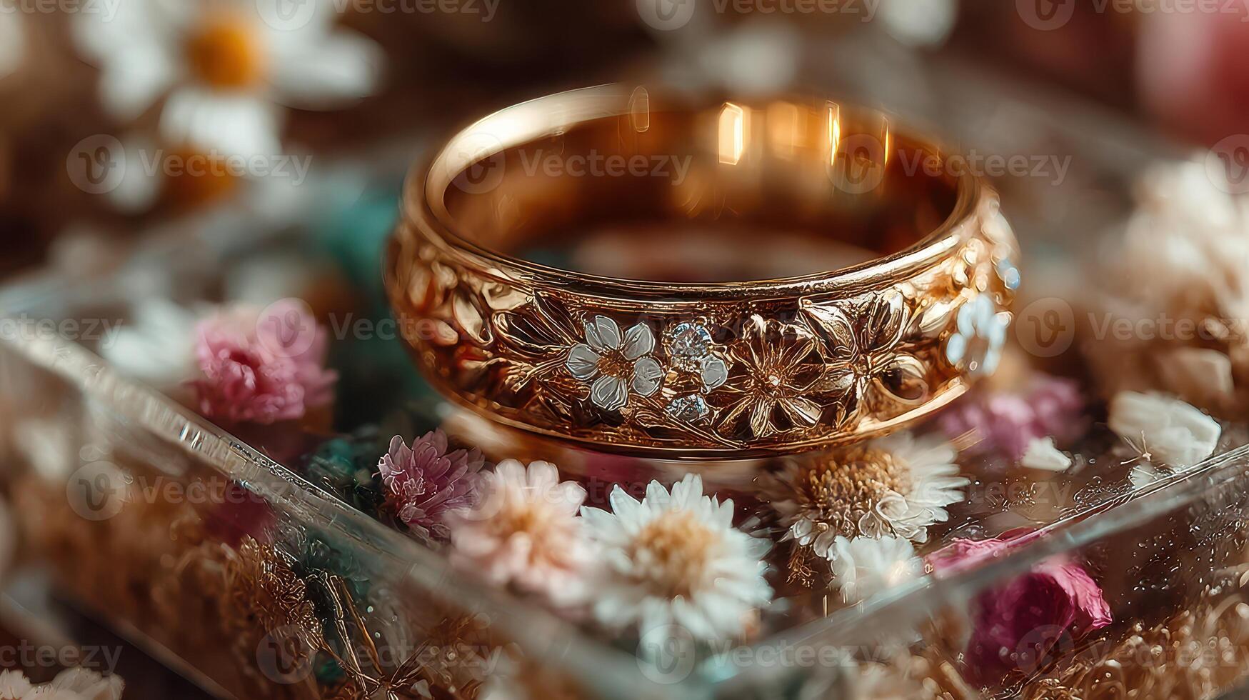 Elegant gold ring adorned with floral engravings resting on a bed of dried flowers in soft natural light photo
