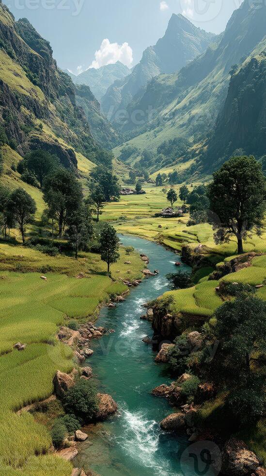 Breathtaking mountain valley with a serene river winding through lush green fields under a clear blue sky photo