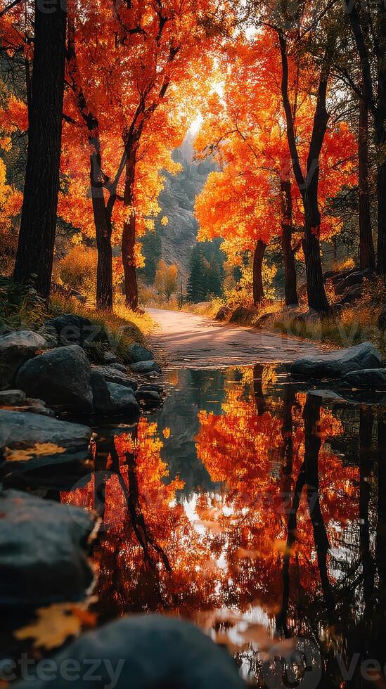 Beautiful fall landscape with vibrant orange trees reflecting in a peaceful stream photo