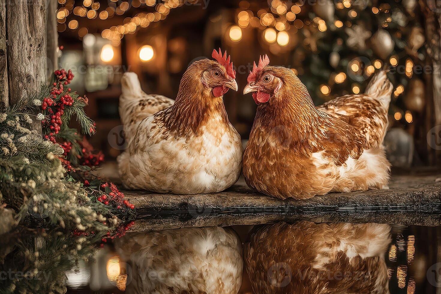 Two chickens resting beside a reflective surface in a cozy barn decorated with warm lights during the evening photo