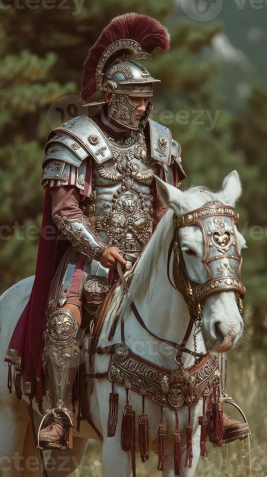 Roman soldier on a majestic horse in an outdoor setting during a historical reenactment in a lush landscape photo