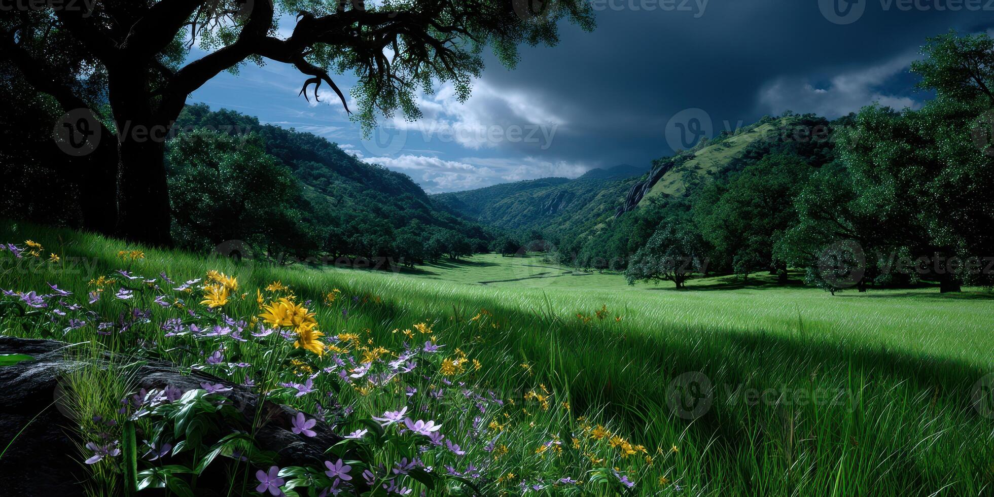 Vibrant wildflowers bloom in a lush green valley under dramatic clouds during the late afternoon photo