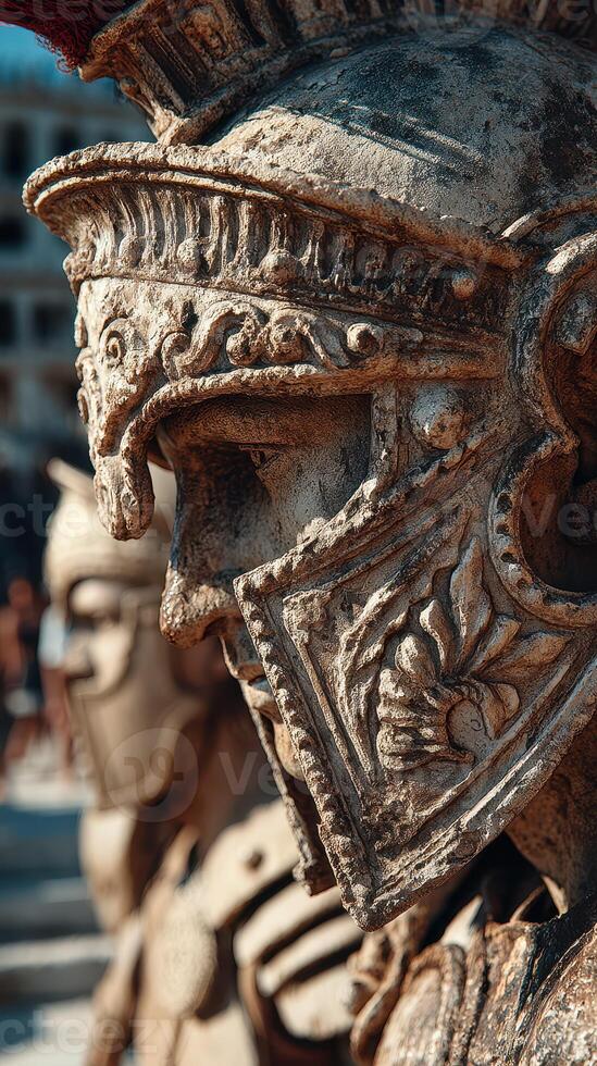 Detailed close-up of ancient warrior statue showcasing intricate armor and helmet in historical setting photo