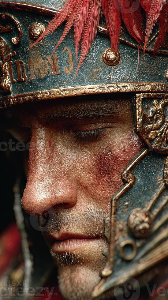 Close-up of a Roman soldier wearing ornate helmet during historical reenactment in Italy showcasing detailed textures and expressions photo