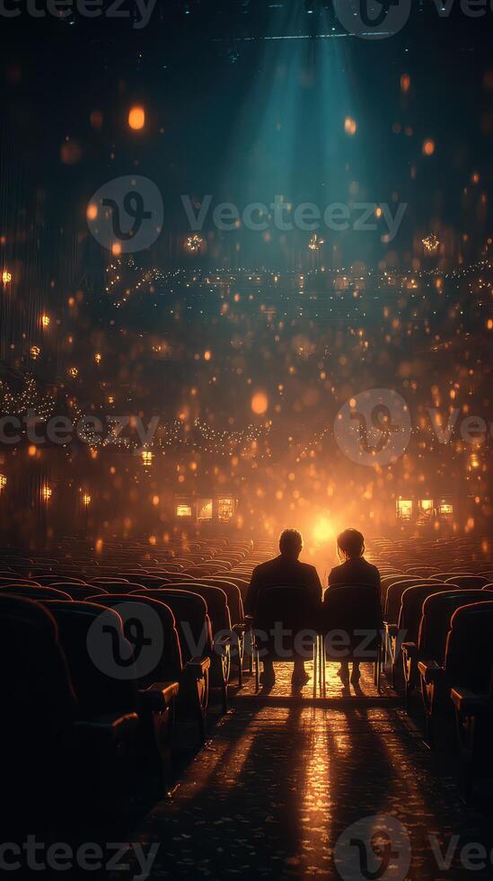 Couple enjoys a magical evening of theatre in an illuminated auditorium filled with vibrant lights photo