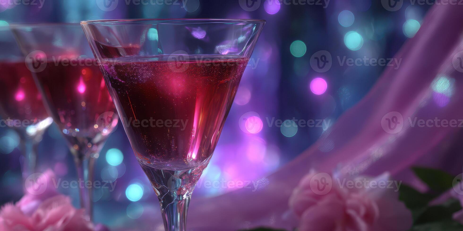 Sparkling red cocktails in elegant glasses with colorful bokeh background at a nighttime event photo