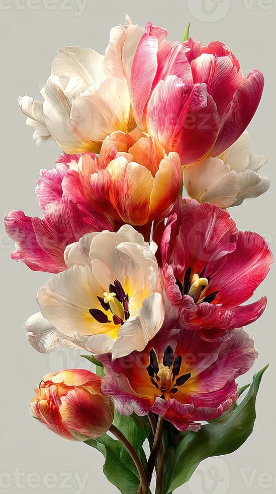 Vibrant tulips in a bouquet showcasing delicate petals and rich colors against a neutral background photo