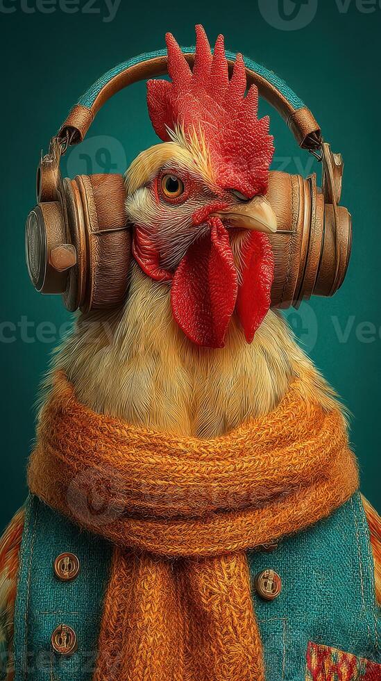 Colorful rooster wearing headphones and a scarf poses against a vibrant background in a creative setting photo