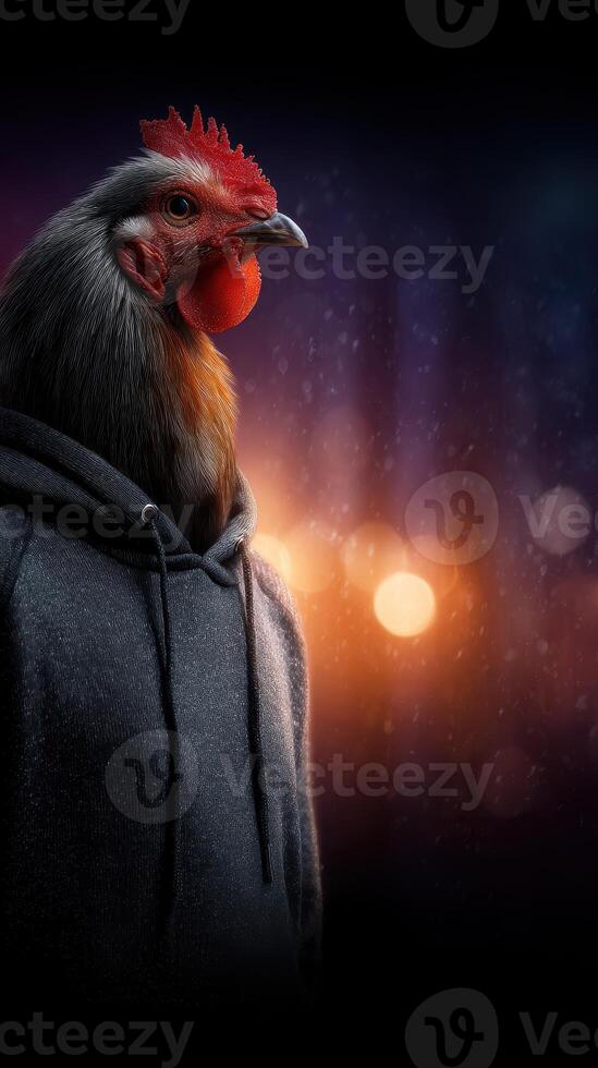 Unique art piece featuring a rooster with a human body, set against a blurred bokeh background in a nighttime setting photo