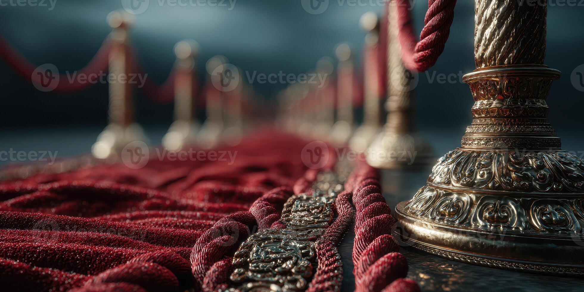 Luxurious red carpet with golden stanchions leading to a glamorous event location during an overcast evening photo