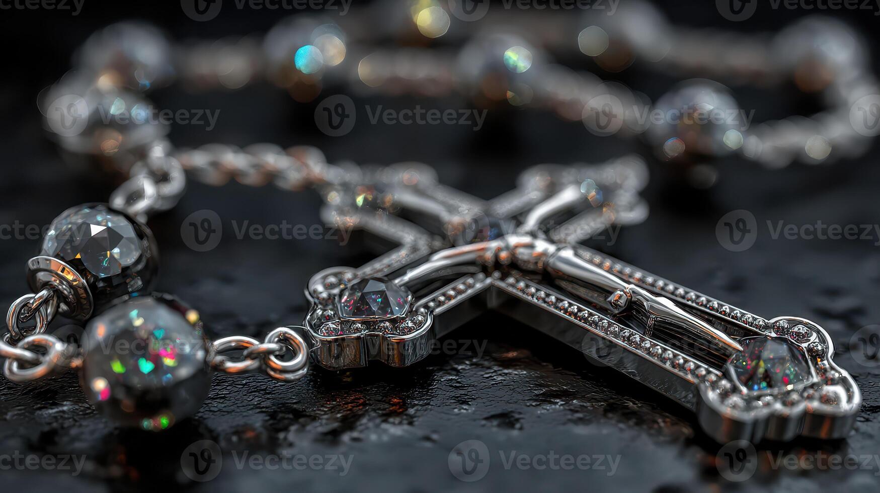 Elegant silver rosary beads with sparkling details on a reflective black surface photo