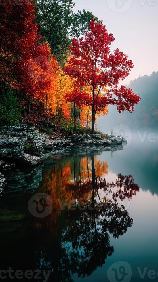 Vibrant autumn colors reflected on a serene lake at dawn near a forest in an outdoor setting photo