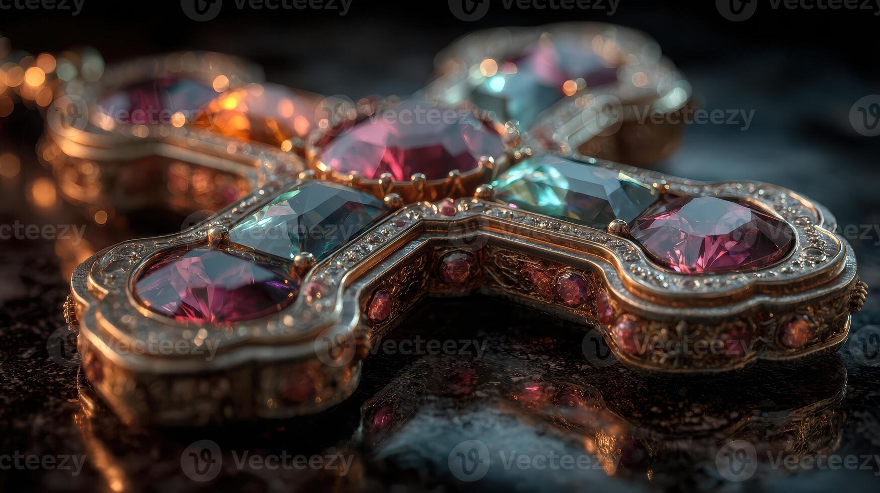 Intricate decorative cross with colorful gemstones on a dark reflective surface showcasing craftsmanship details photo