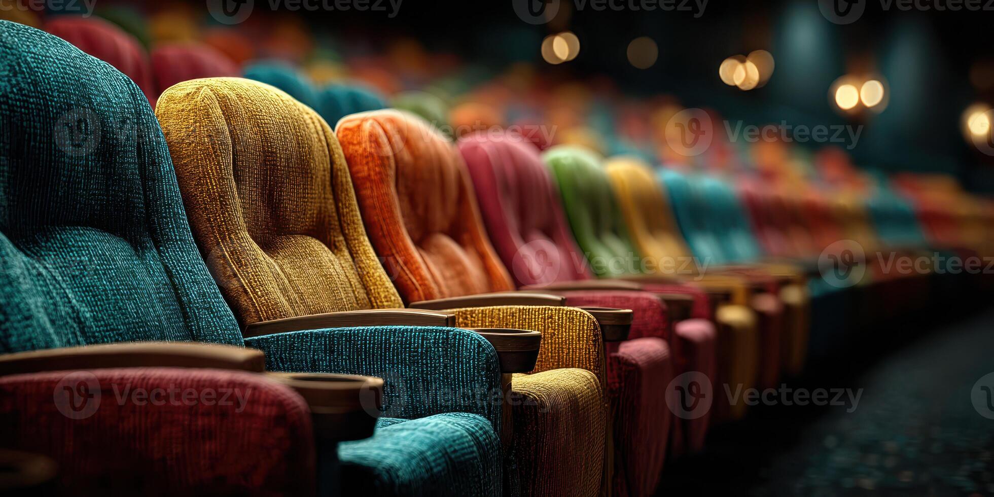 Colorful theater seats arranged in a vibrant pattern ready for audience enjoyment before a performance photo