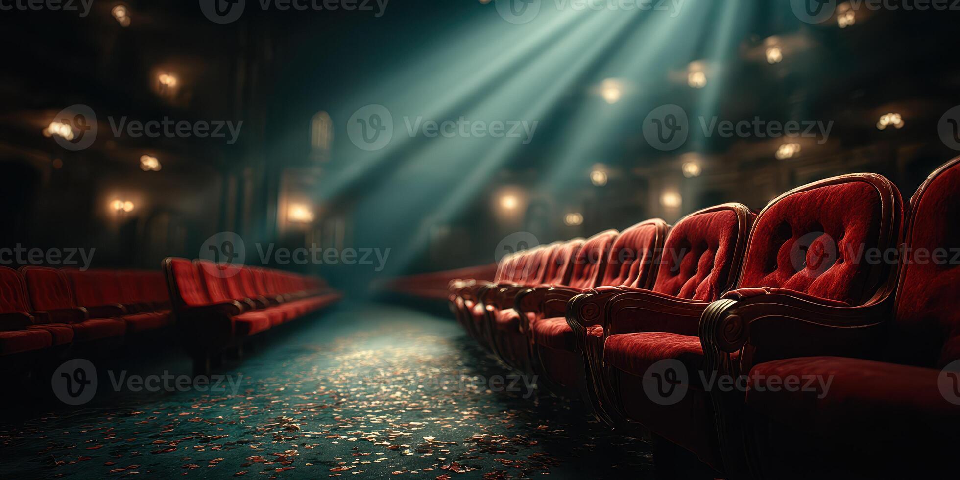 Red velvet seats and golden lighting create an inviting atmosphere in an empty theater during a performance evening photo