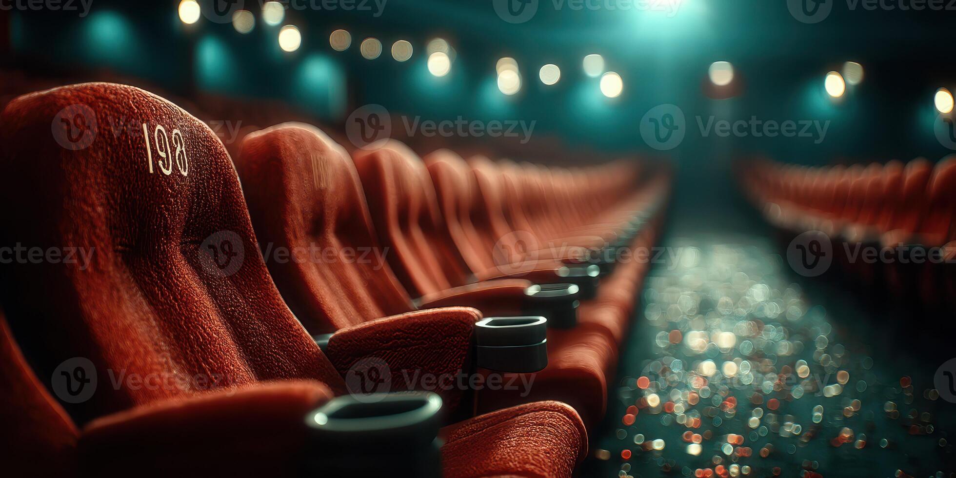 Interior of a dimly lit cinema featuring empty red seats set for an upcoming screening photo