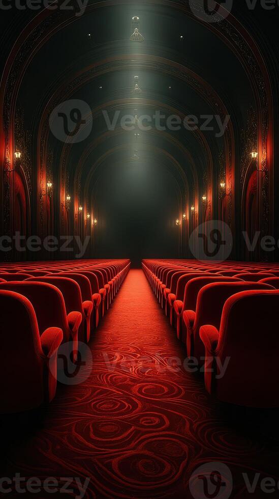 Elegant red velvet seats line the aisle of a grand theater showcasing dramatic lighting and ornate architecture photo