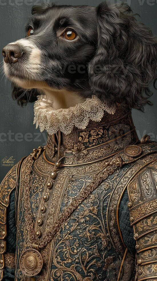 Dog dressed in ornate historical costume showcasing intricate details and regal posture indoors photo