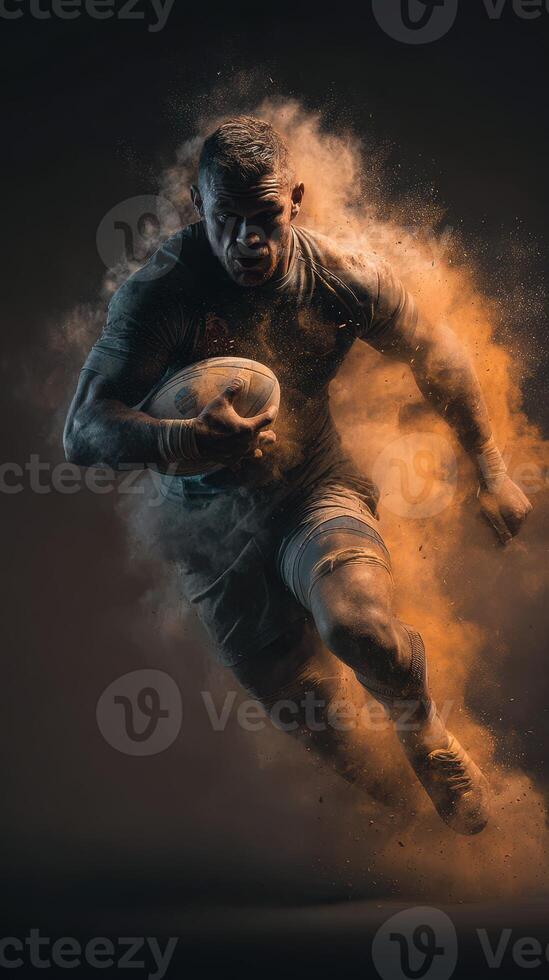 Muscular athlete running with a rugby ball in a dynamic action pose during a dramatic moment photo