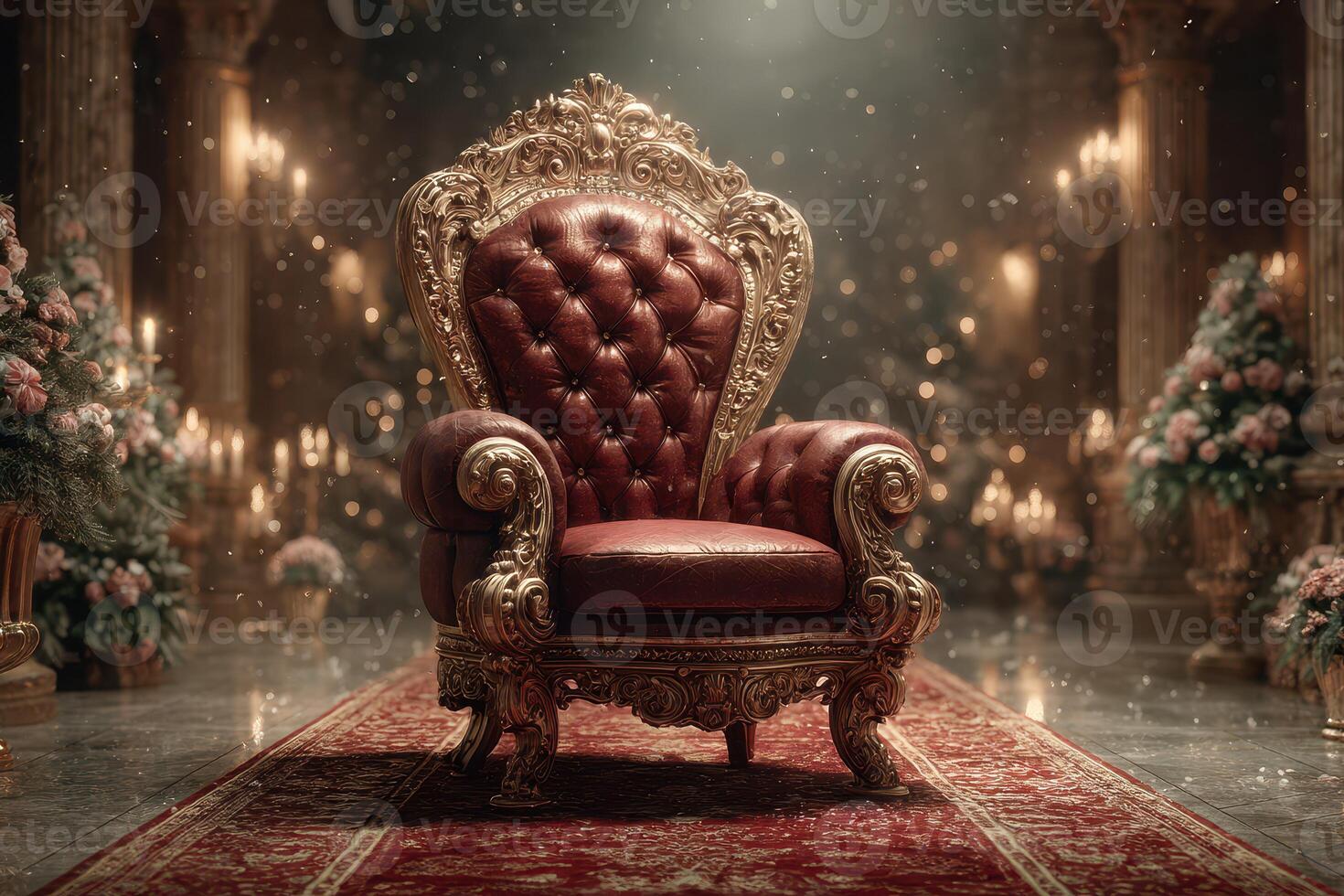 Elegant red leather throne set in a grand, softly lit room adorned with flowers and candles, creating a regal atmosphere photo