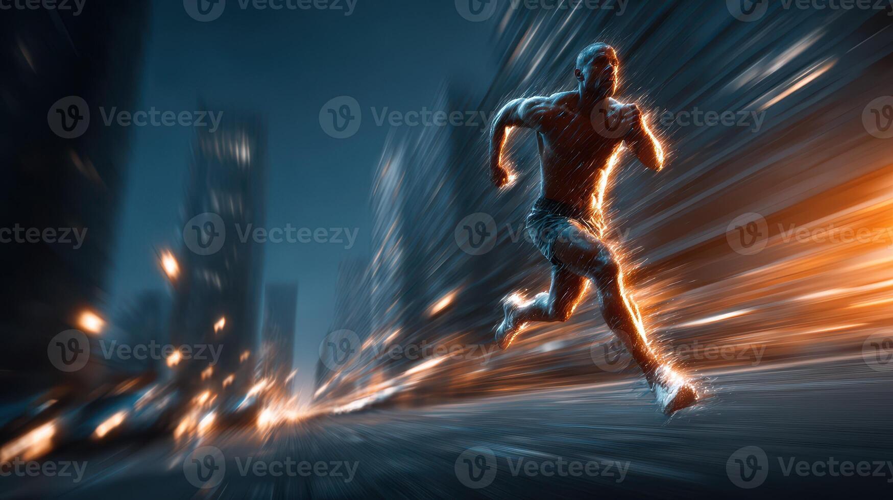 Runner sprints through city streets at night with dynamic motion blur and glowing effects photo