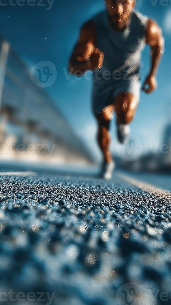 Runner sprinting on a wet track during early morning with city skyline in the background photo