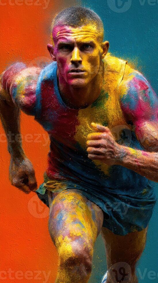 Runner covered in colorful powder sprints against a vibrant backdrop at a cultural festival celebration in the summer photo