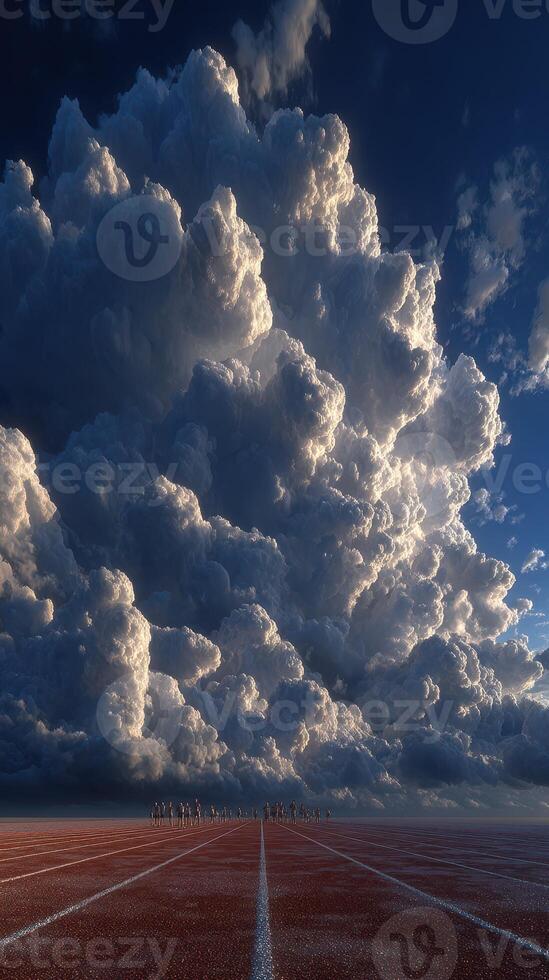 Dramatic clouds hover over an empty track as runners prepare for a race at sunset photo