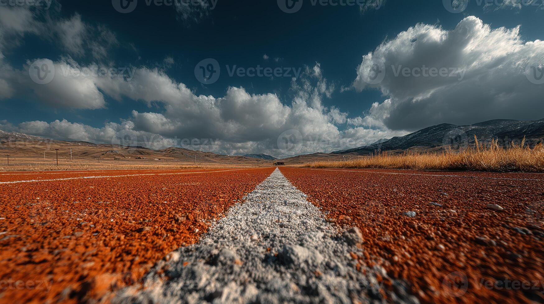 Scenic view of an empty road stretching through a dramatic landscape under a cloudy sky during the golden hour photo