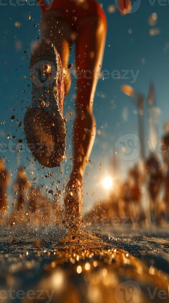 Runners in motion kick up dust during a sunset race in a warm, outdoor environment photo