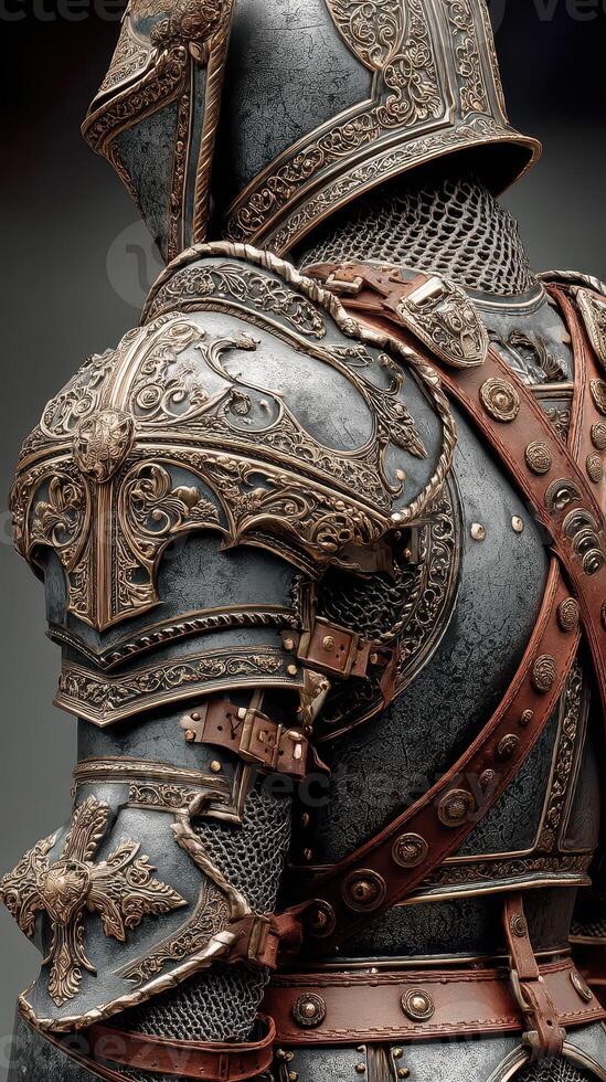 Intricate details of ornate medieval armor highlighting craftsmanship and design with rich textures and metallic finishes photo