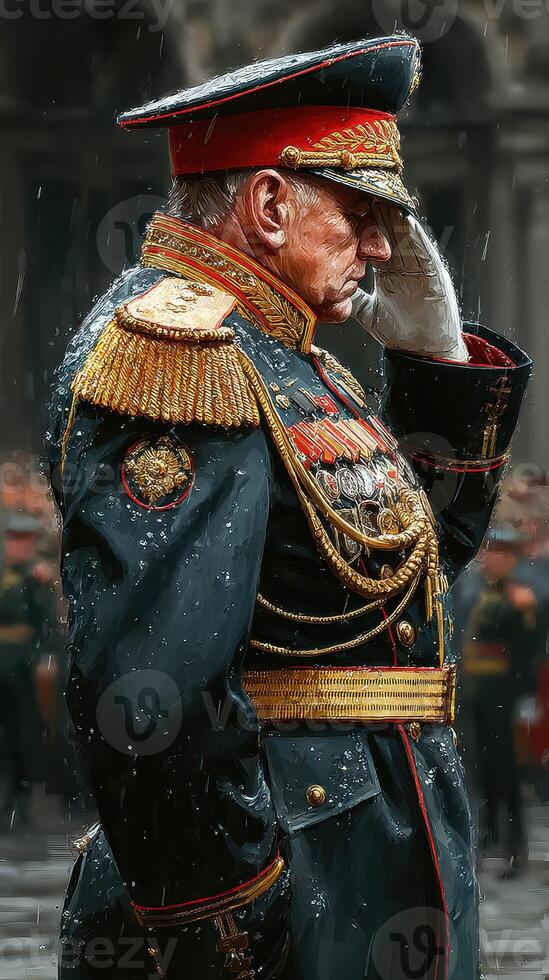 Significant military ceremony featuring a high-ranking officer in uniform saluting under rain during a solemn event photo