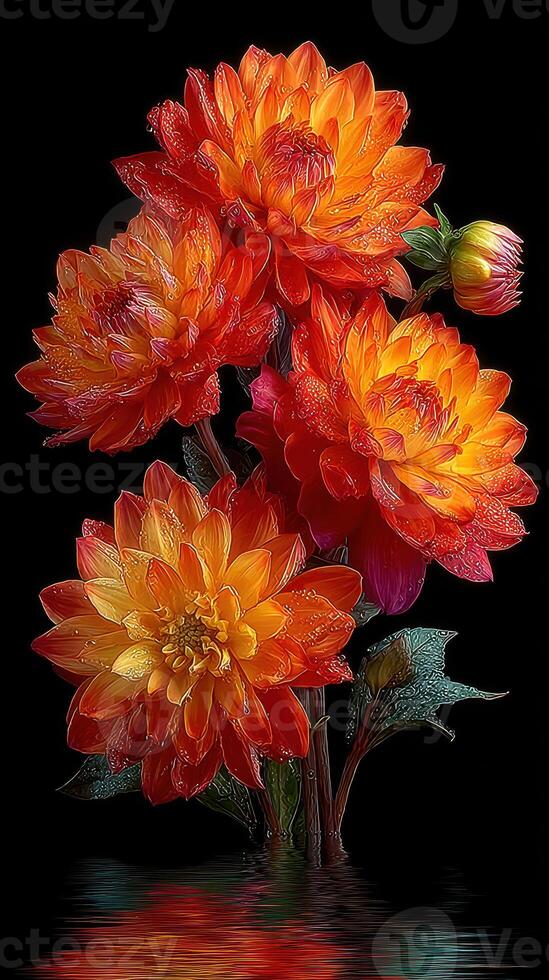 Vibrant orange and yellow flowers reflecting on a dark surface in a serene arrangement with raindrops photo