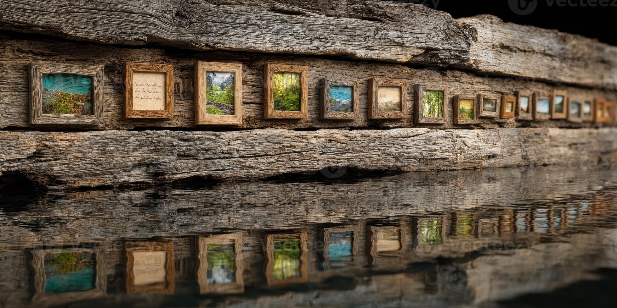 Small framed landscapes displayed along a wooden wall reflecting in still water in a serene outdoor setting photo