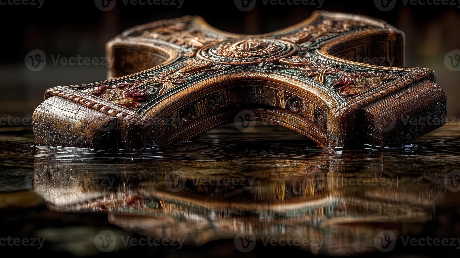 Ornate wooden cross partially submerged in water reflecting intricate carvings in a serene environment photo