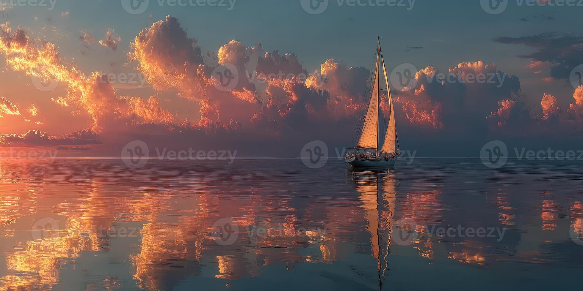 Sailing on calm waters during a vibrant sunset with beautiful cloud reflections photo