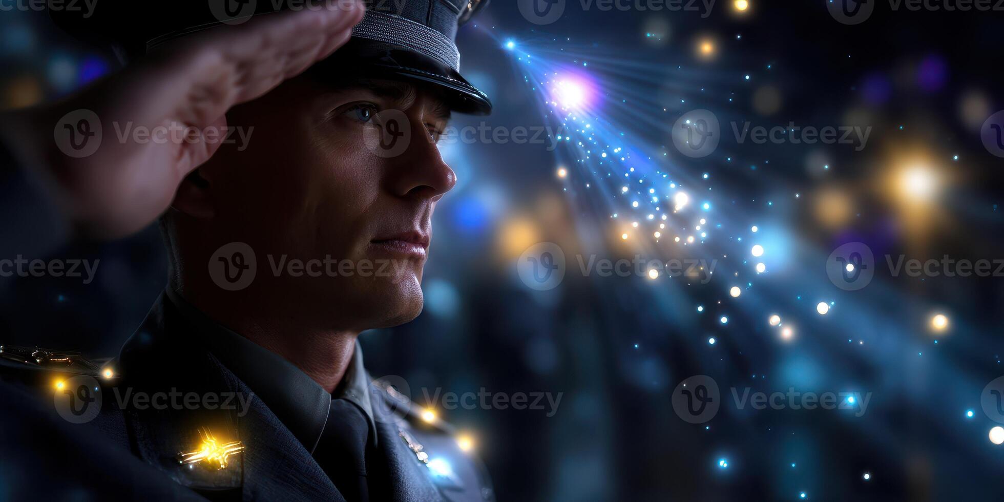 Soldier saluting under a night sky with stars and light effects during a ceremonial event photo