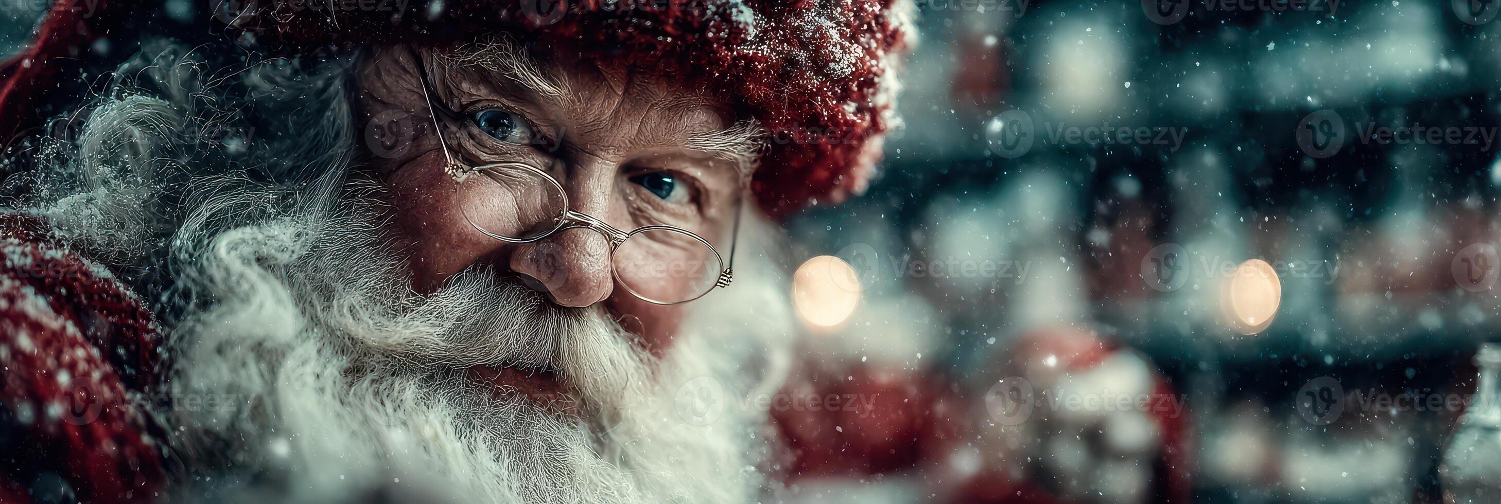Old man in red hat and glasses smiles warmly in snowy setting during Christmas season photo