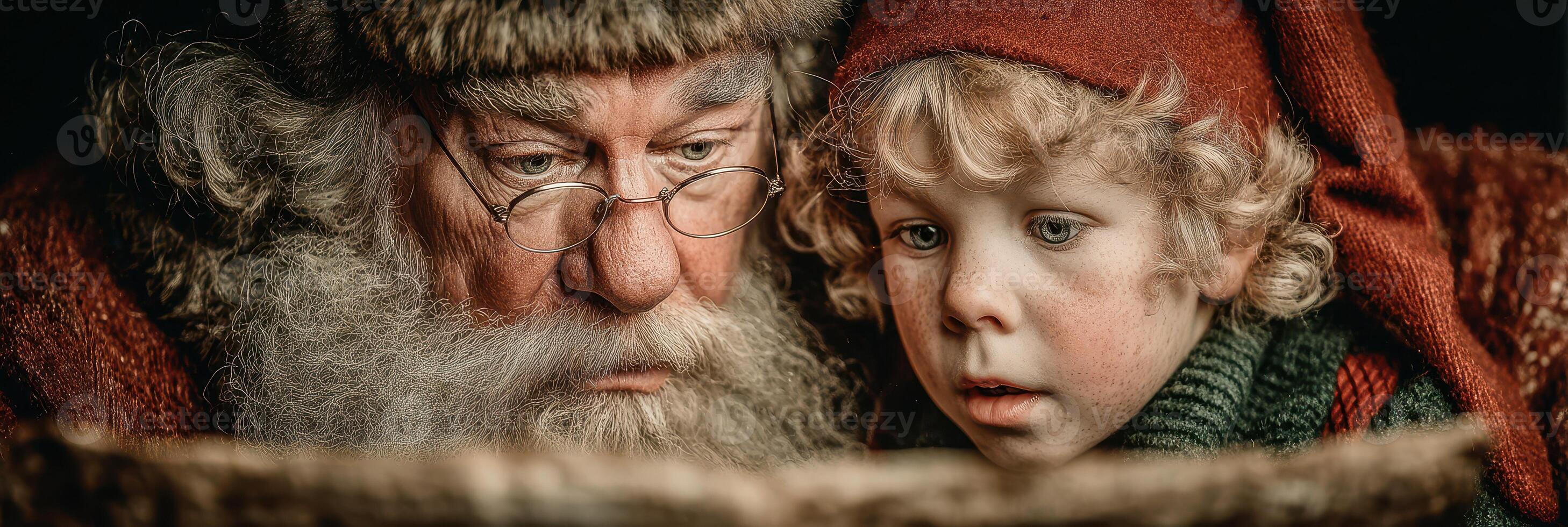 Elder man and child captivated by an ancient book during a winter evening in a cozy setting photo