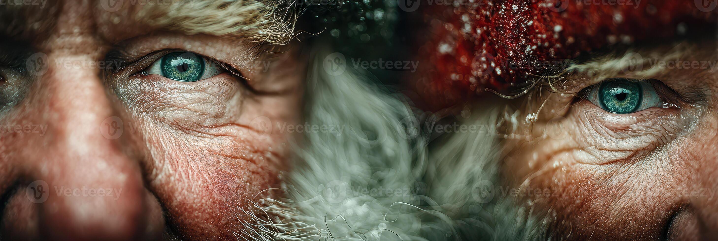 Close-up of two elder men with blue eyes wearing festive hats surrounded by soft snowflakes in a winter scene photo