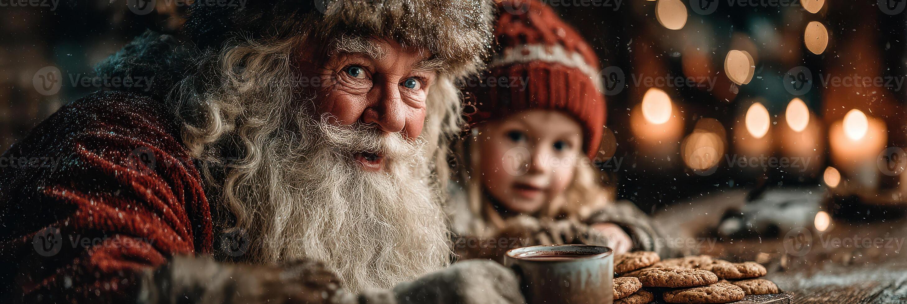 Santa and child sharing cookies and cocoa in a cozy cottage during snowfall at Christmas photo