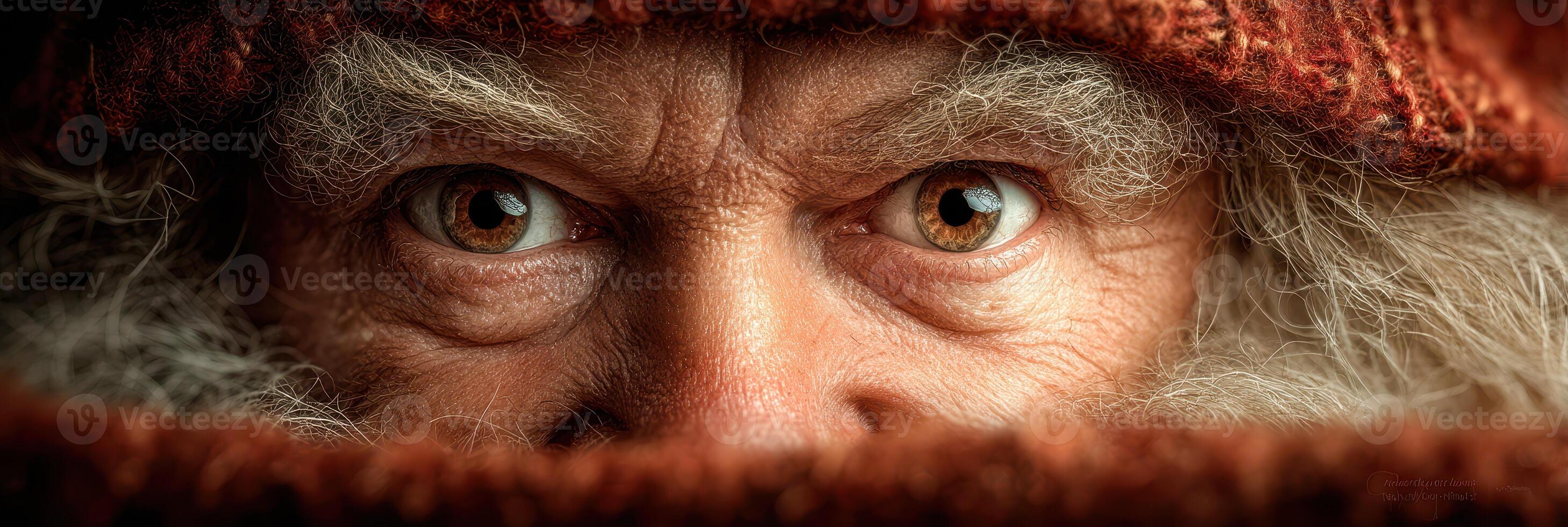 Close-up view of an elderly man with intense eyes, wearing a knitted hat in a cozy winter setting photo