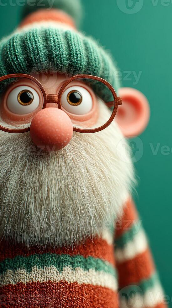 Cheerful character with glasses and colorful winter attire against a green background photo