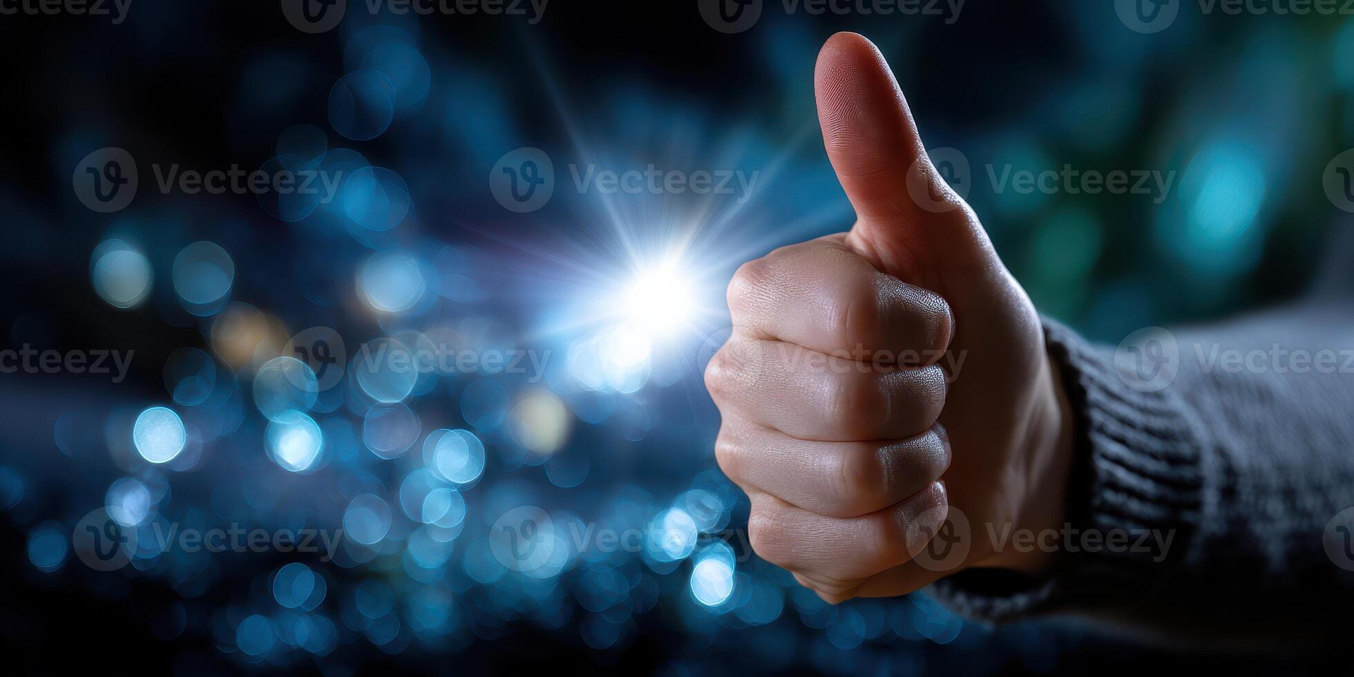 Hand shows thumbs up gesture against a bright, dynamic background during a moment of celebration or approval photo