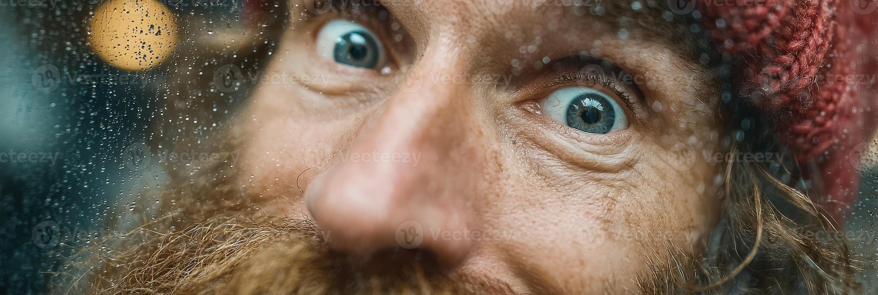 Man with a bushy beard and warm hat looking through a rain-soaked window at a bustling outdoor market in the city photo