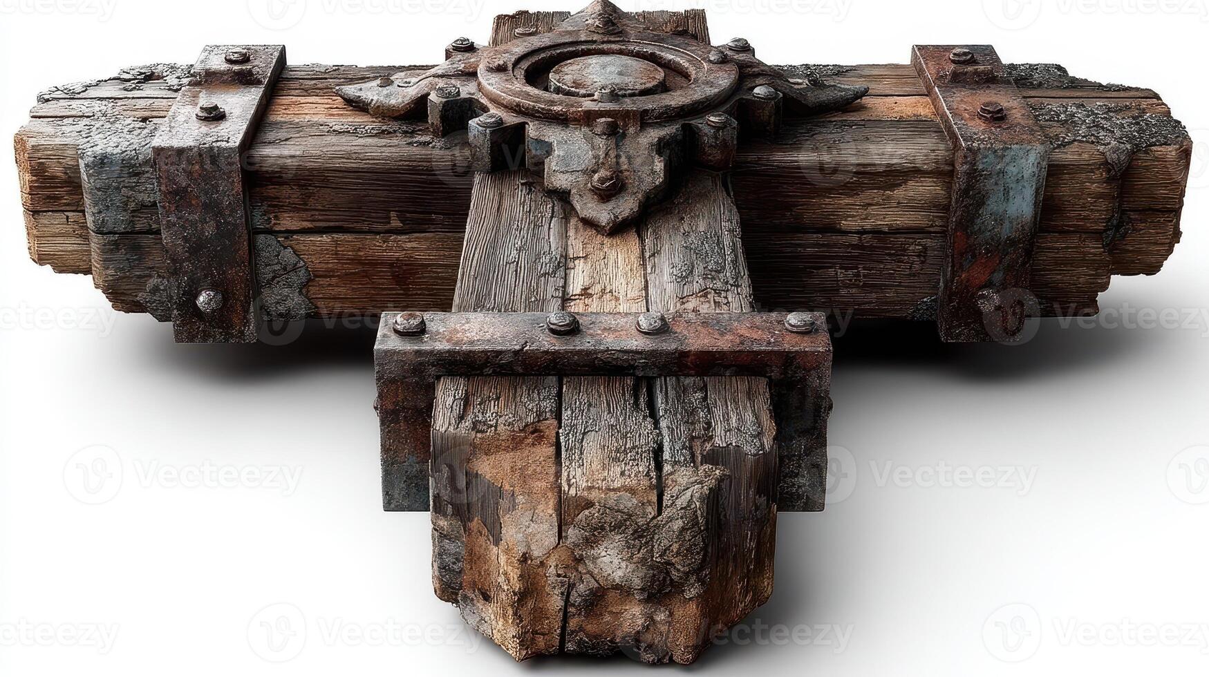 Wooden cross with metal accents displayed in an artistic way on a neutral background showcasing rustic textures and craftsmanship photo
