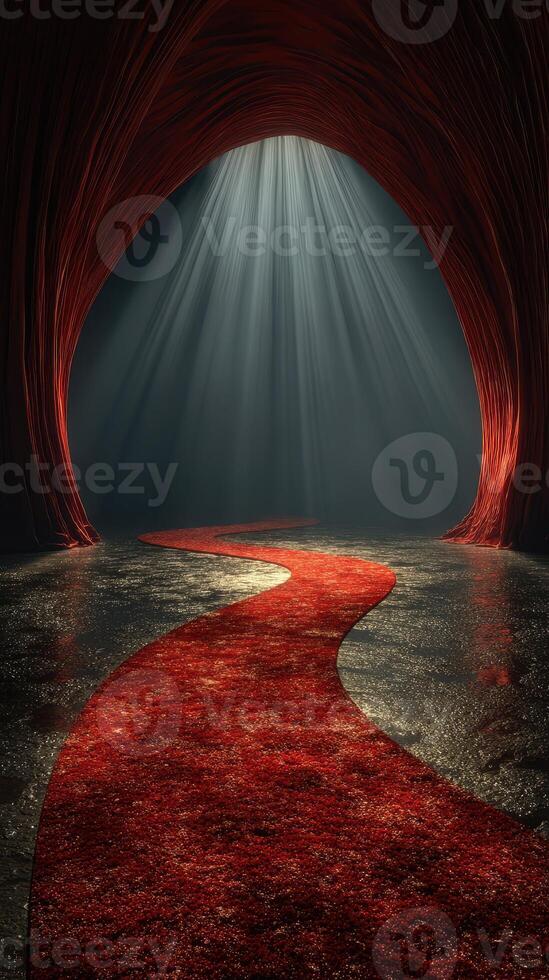 Elegant red carpet leading through a dramatic arched entrance illuminated by soft beams of light photo