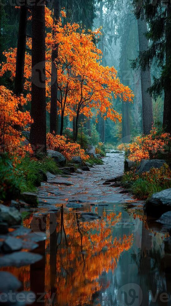 Autumn serenity in a misty forest with vibrant orange foliage and calm water photo
