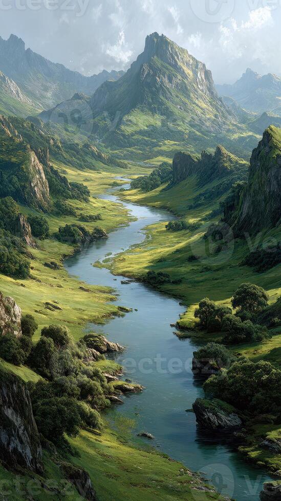Majestic mountain landscape with a winding river under a cloudy sky in a serene natural setting photo